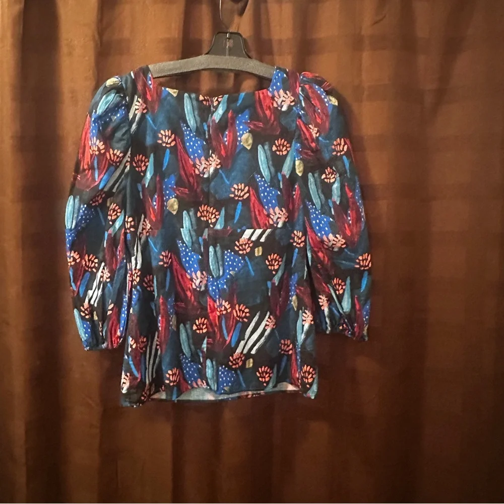 Anthropologie Eva Franco Tropical Sweetheart Neck Blouse Puff Sleeves size 12 - Picture 8 of 9
